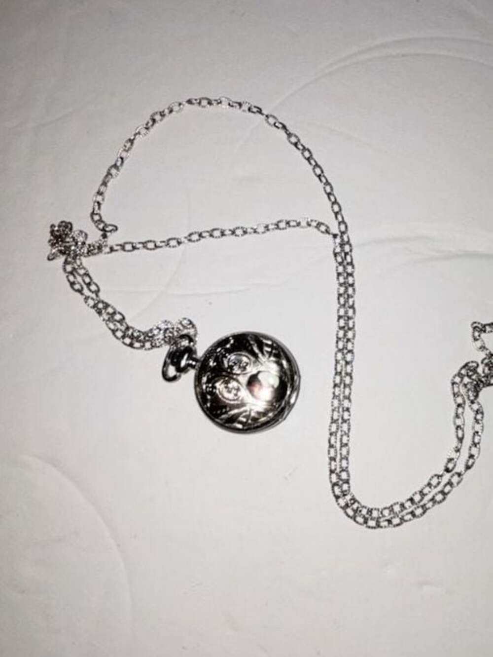Vintage Style Silvertone Floral Scroll Engraved Pocket Watch Necklace with Chain